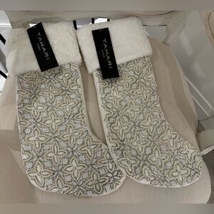 NWT Tahari Elegant White and Silver Pearl Christmas Stockings Set of 2